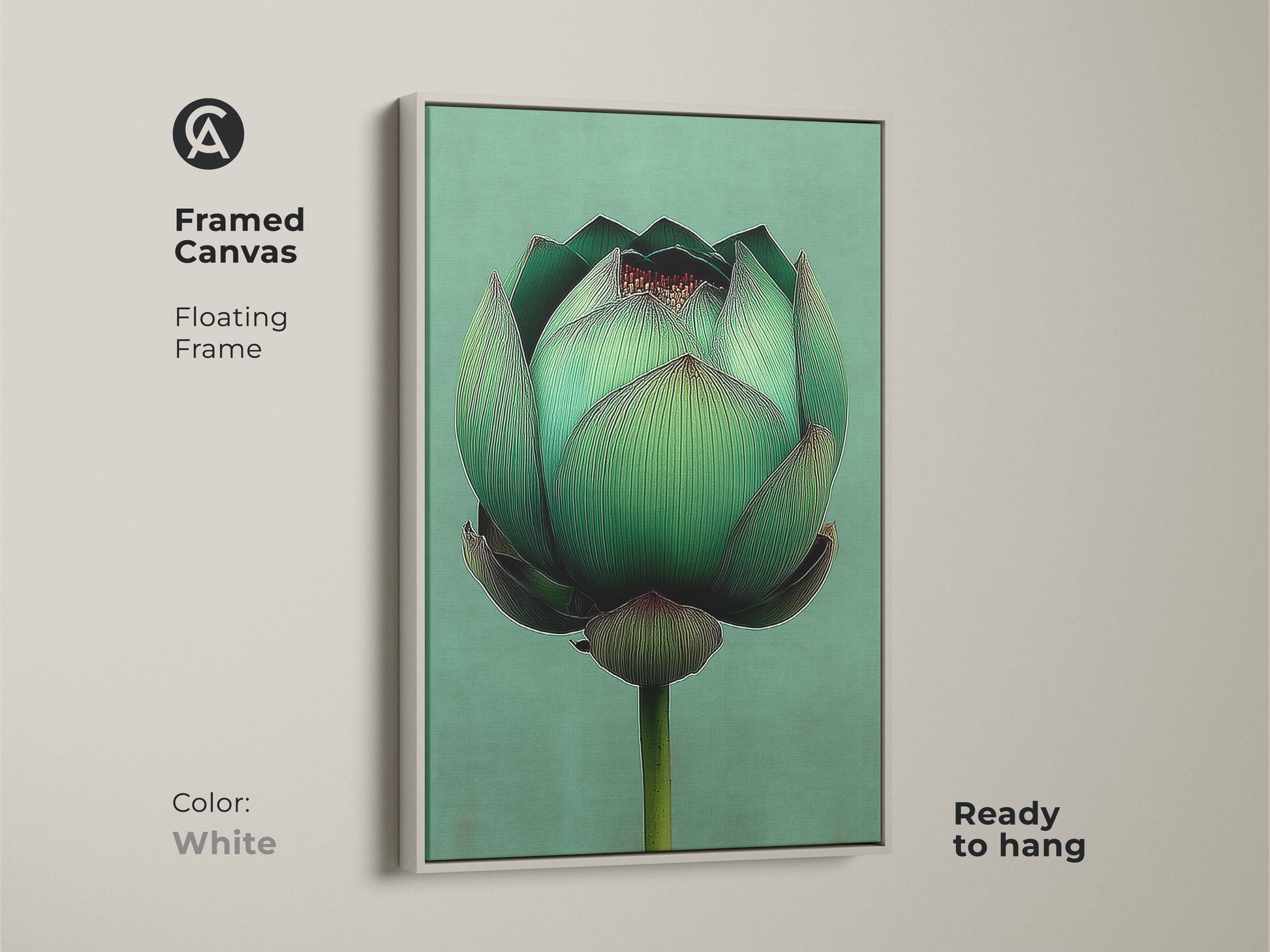 Framed canvas print of an emerald green lotus flower with a white floating frame. Minimalist botanical art is ready to hang. Perfect meditation mindfulness gift for creating a zen garden atmosphere. Calming nature inspired artwork.