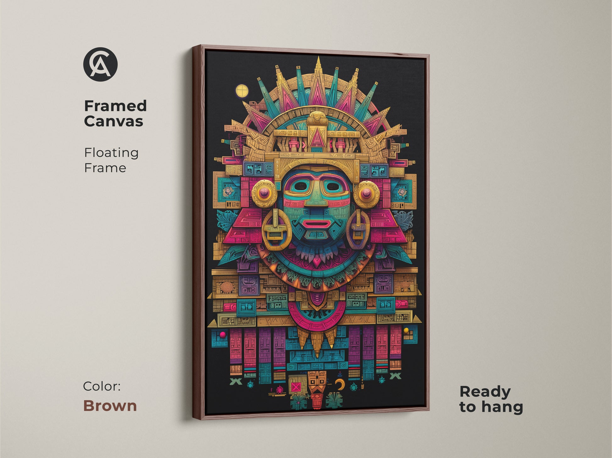 Framed canvas of Mayan mask art with a brown floating frame. This unique artwork features vibrant colors and detailed patterns. The brown frame enhances the art's cultural appeal. Ready to hang and adds sophistication to any room.