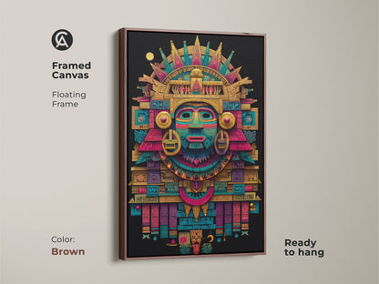Framed canvas of Mayan mask art with a brown floating frame. This unique artwork features vibrant colors and detailed patterns. The brown frame enhances the art's cultural appeal. Ready to hang and adds sophistication to any room.