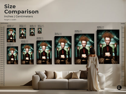 Size comparison of surrealist portrait art in inches and centimeters. See how the artwork fits above a sofa. Gothic figure canvas prints are available in multiple sizes. Find the perfect fit for eclectic wall decor.