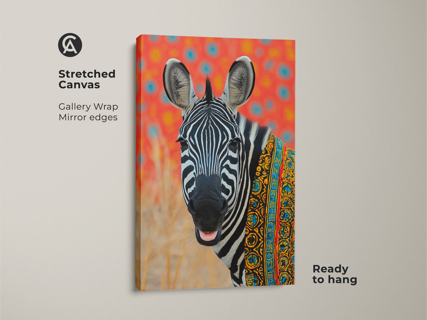 Stretched canvas of tribal zebra art. This boho animal print showcases African patterns. Modern folk zebra decor for eclectic spaces. This colorful zebra painting is ready to hang. A safari wildlife print for bedroom wall art. A unique housewarming gift.