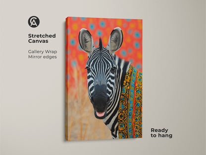Stretched canvas of tribal zebra art. This boho animal print showcases African patterns. Modern folk zebra decor for eclectic spaces. This colorful zebra painting is ready to hang. A safari wildlife print for bedroom wall art. A unique housewarming gift.