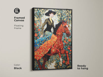 Framed canvas with a floating frame in black. This mosaic horse rider wall art is ready to hang. The eclectic equestrian canvas print is vibrant. The woman on horse artwork adds artistic flair. This is a luxury equestrian gift.