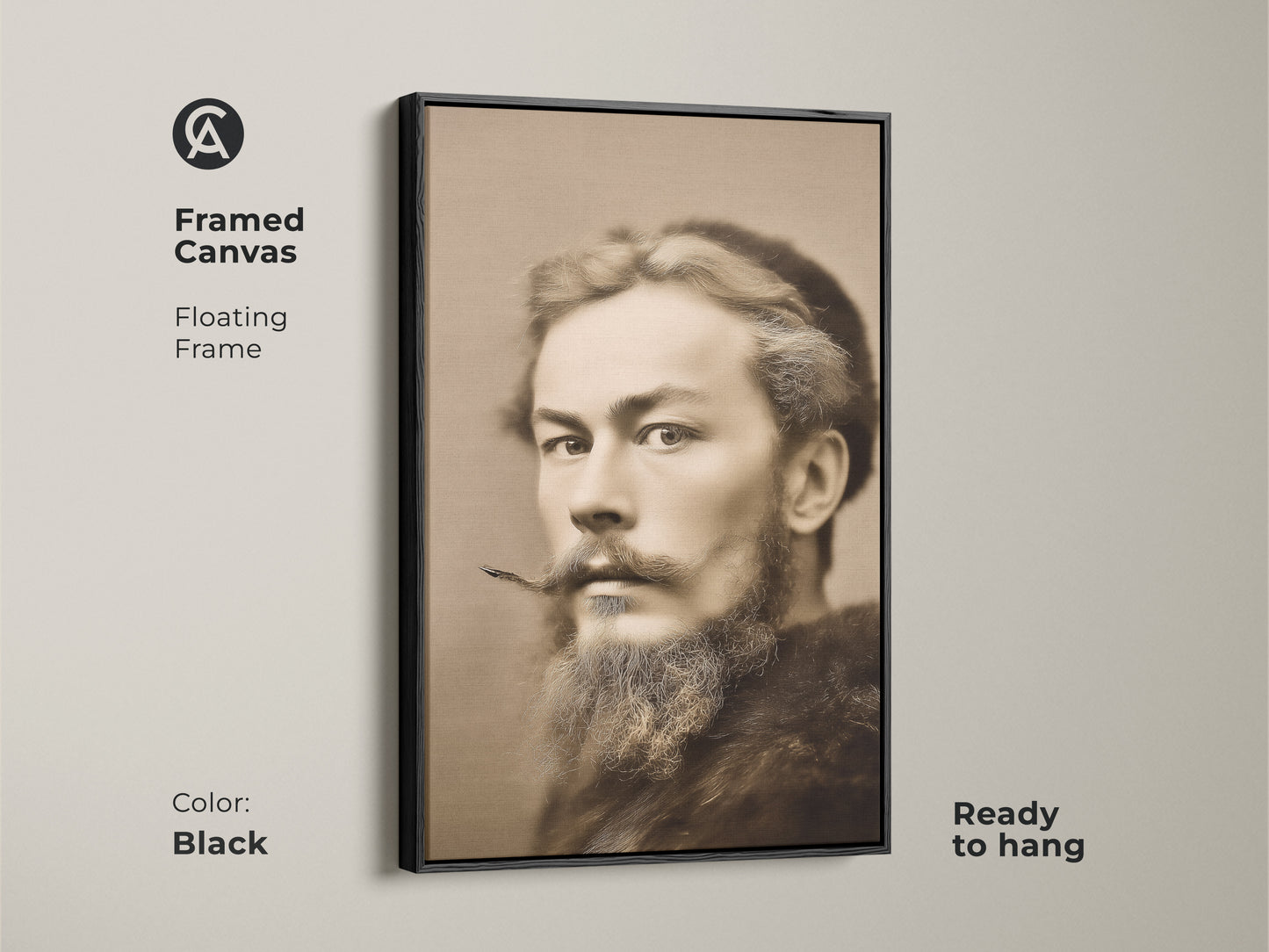 Framed canvas of a classic man portrait with a floating black frame. This sepia tone artwork adds a traditional touch to any study or office. It is ready to hang.