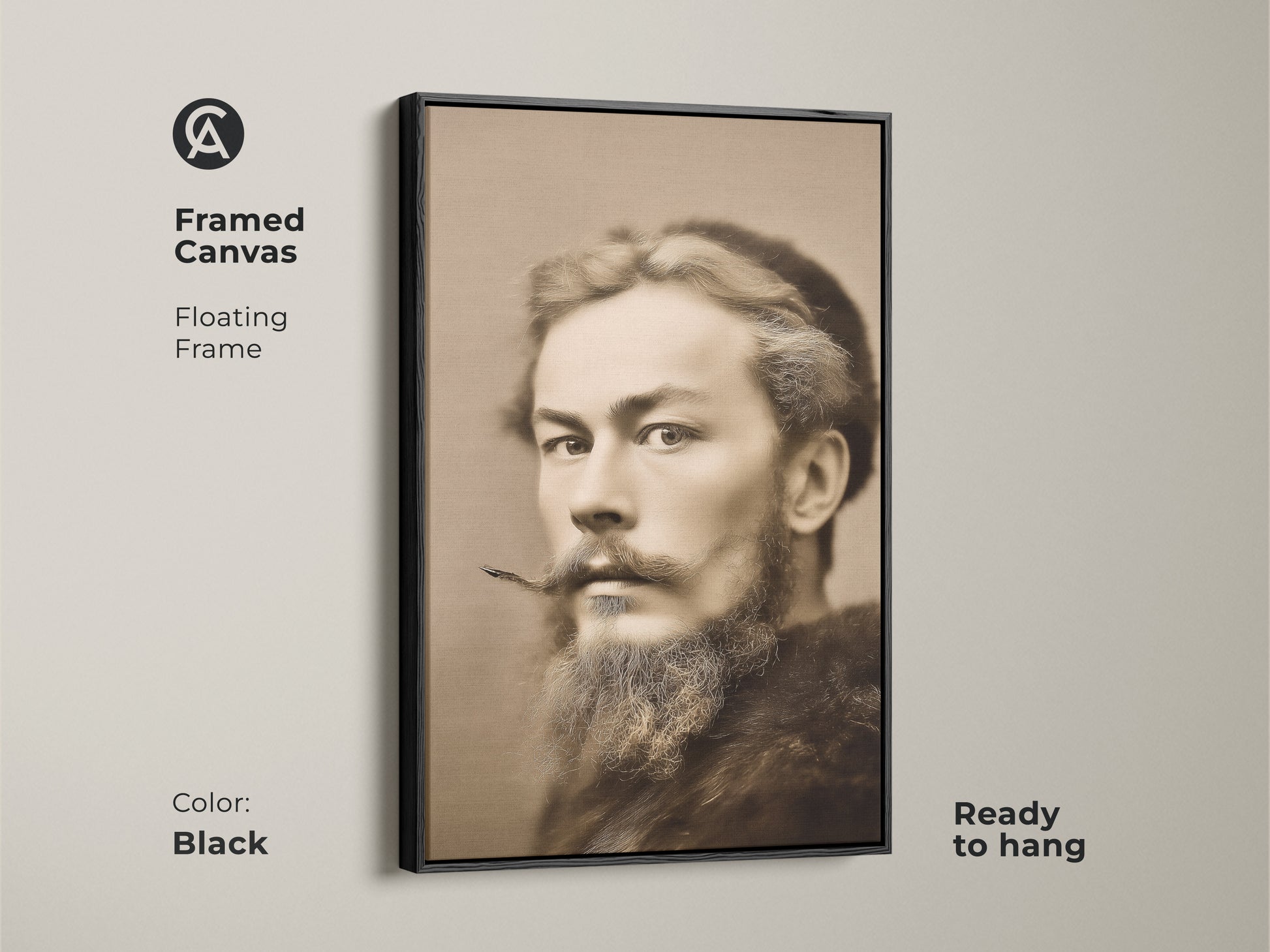 Framed canvas of a classic man portrait with a floating black frame. This sepia tone artwork adds a traditional touch to any study or office. It is ready to hang.