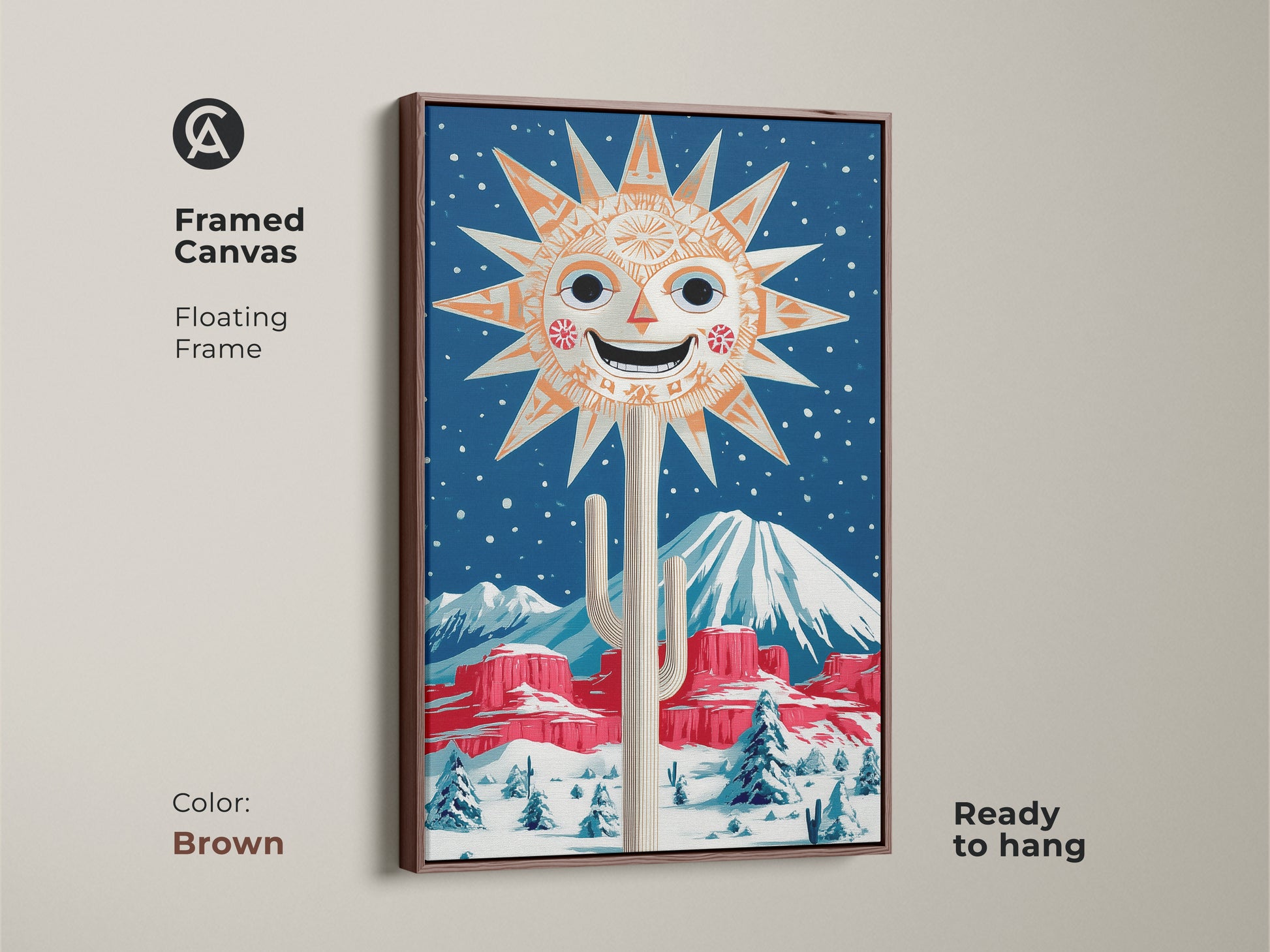 Framed canvas art featuring a retro sun and cactus in a snowy desert with a brown floating frame. This folk art print adds a touch of wintery charm. Ideal for eclectic entryway decor. The orange and blue wall decor brings a unique retro vibe to any space.