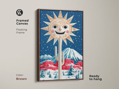 Framed canvas art featuring a retro sun and cactus in a snowy desert with a brown floating frame. This folk art print adds a touch of wintery charm. Ideal for eclectic entryway decor. The orange and blue wall decor brings a unique retro vibe to any space.