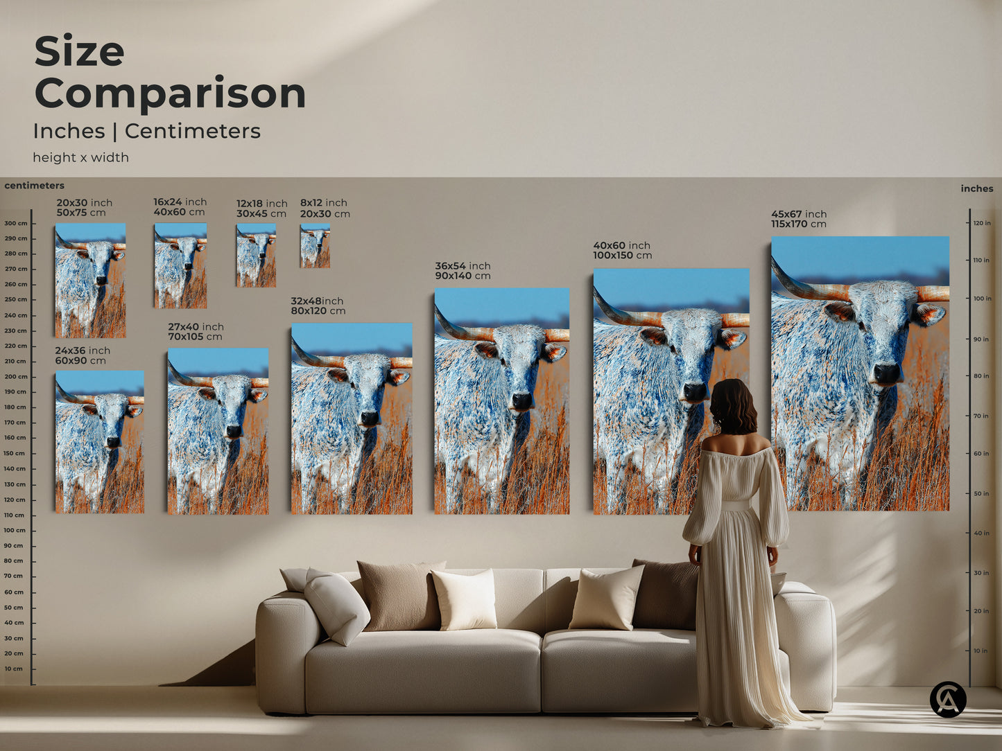 Size comparison of longhorn bull art prints. Sizes range from small to extra large. See how the artwork looks above a sofa. Sizes are shown in inches and centimeters. Find the perfect fit for your wall.