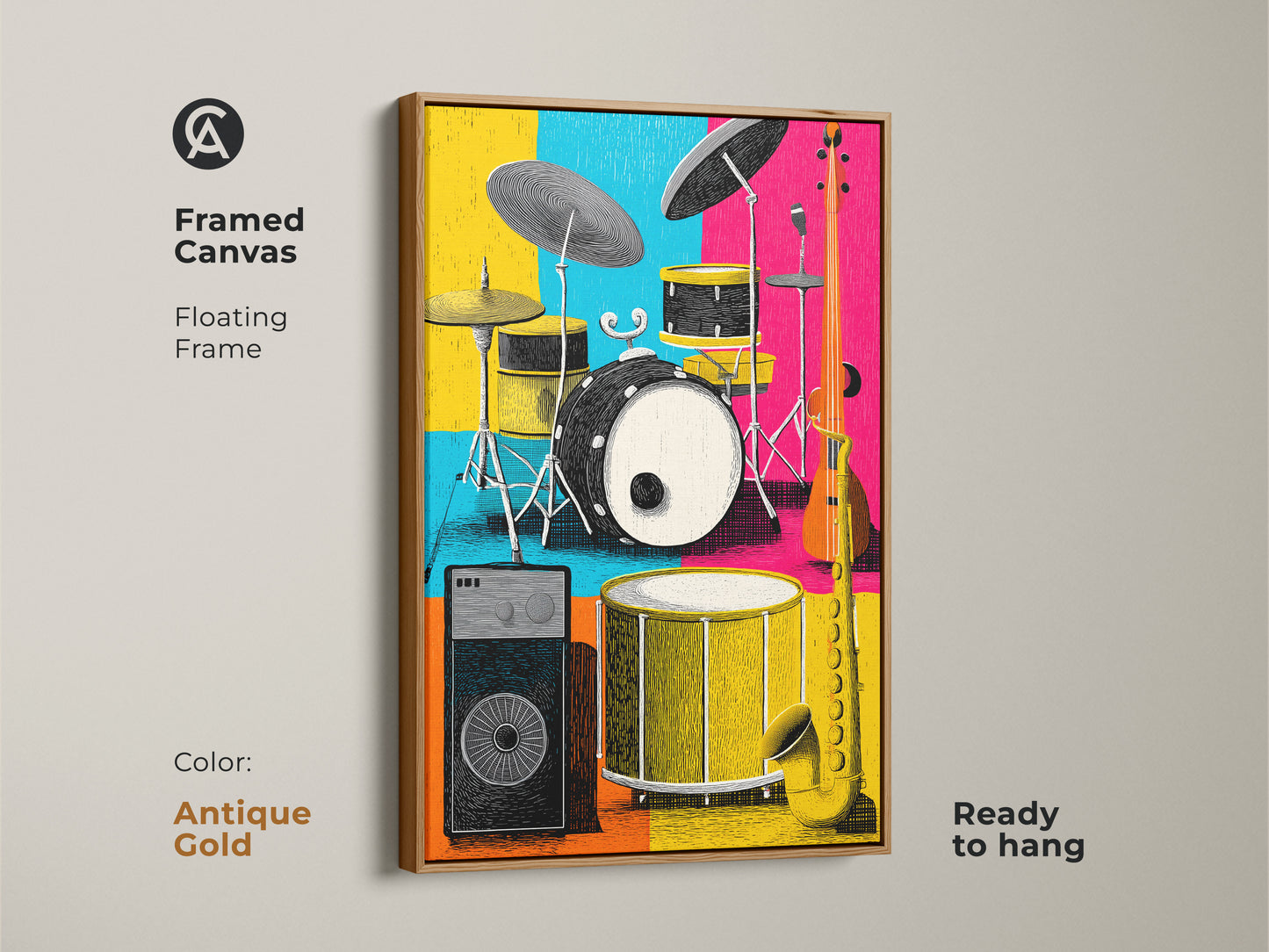 Antique gold framed canvas art featuring a colorful music room scene. The artwork includes a drum set saxophone guitar and amp. This floating frame adds a touch of elegance. The ready to hang piece is perfect for music enthusiasts.