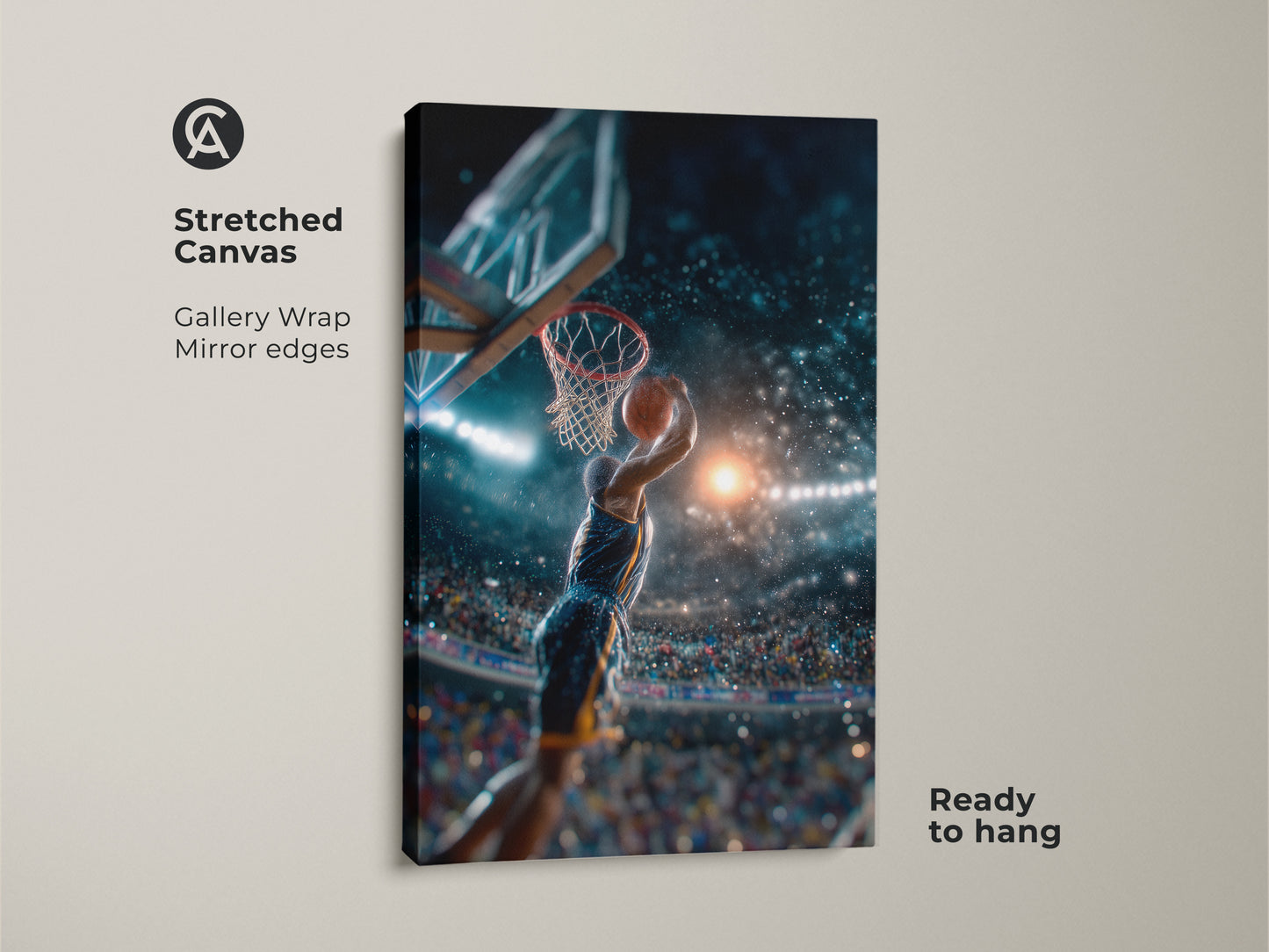 A basketball player dunks in this action-packed sports art. This stretched canvas artwork is ready to hang with gallery wrapped mirrored edges. The perfect addition to any sports-themed room. A great gift for basketball enthusiasts. Capture the thrill of the game with this vibrant print.