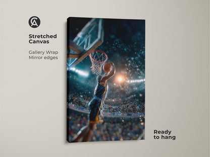 A basketball player dunks in this action-packed sports art. This stretched canvas artwork is ready to hang with gallery wrapped mirrored edges. The perfect addition to any sports-themed room. A great gift for basketball enthusiasts. Capture the thrill of the game with this vibrant print.