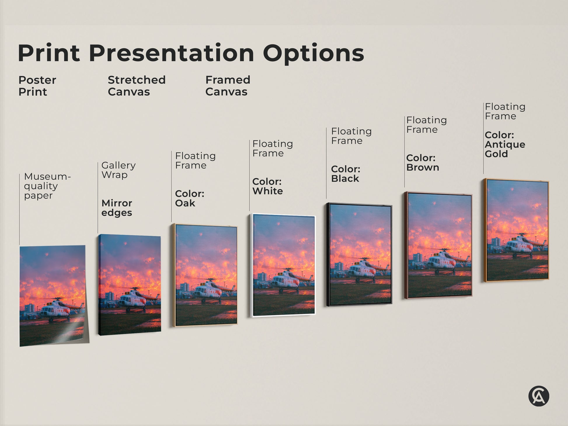 Explore print presentation options for aviation artwork. Choose from poster prints stretched canvas and framed canvas. Each option highlights the helicopter art in unique ways. Select the perfect style.