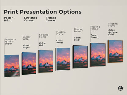 Explore print presentation options for aviation artwork. Choose from poster prints stretched canvas and framed canvas. Each option highlights the helicopter art in unique ways. Select the perfect style.