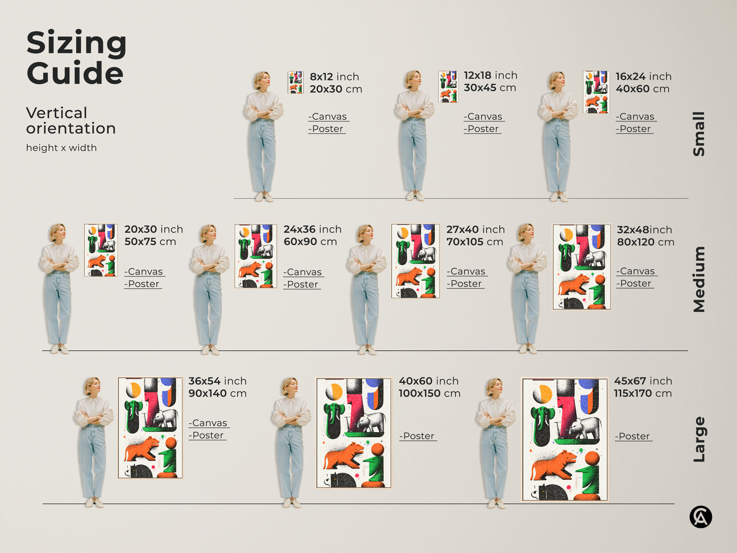 See the sizing guide for modern folk art prints. Visualize how abstract animal canvas art fits different spaces. Options range from small to large vertical orientations. This retro print features elephants and tigers in green red and orange. Find the perfect size for your entry hall or living room wall. Enhance your home with unique and colorful animal artwork.