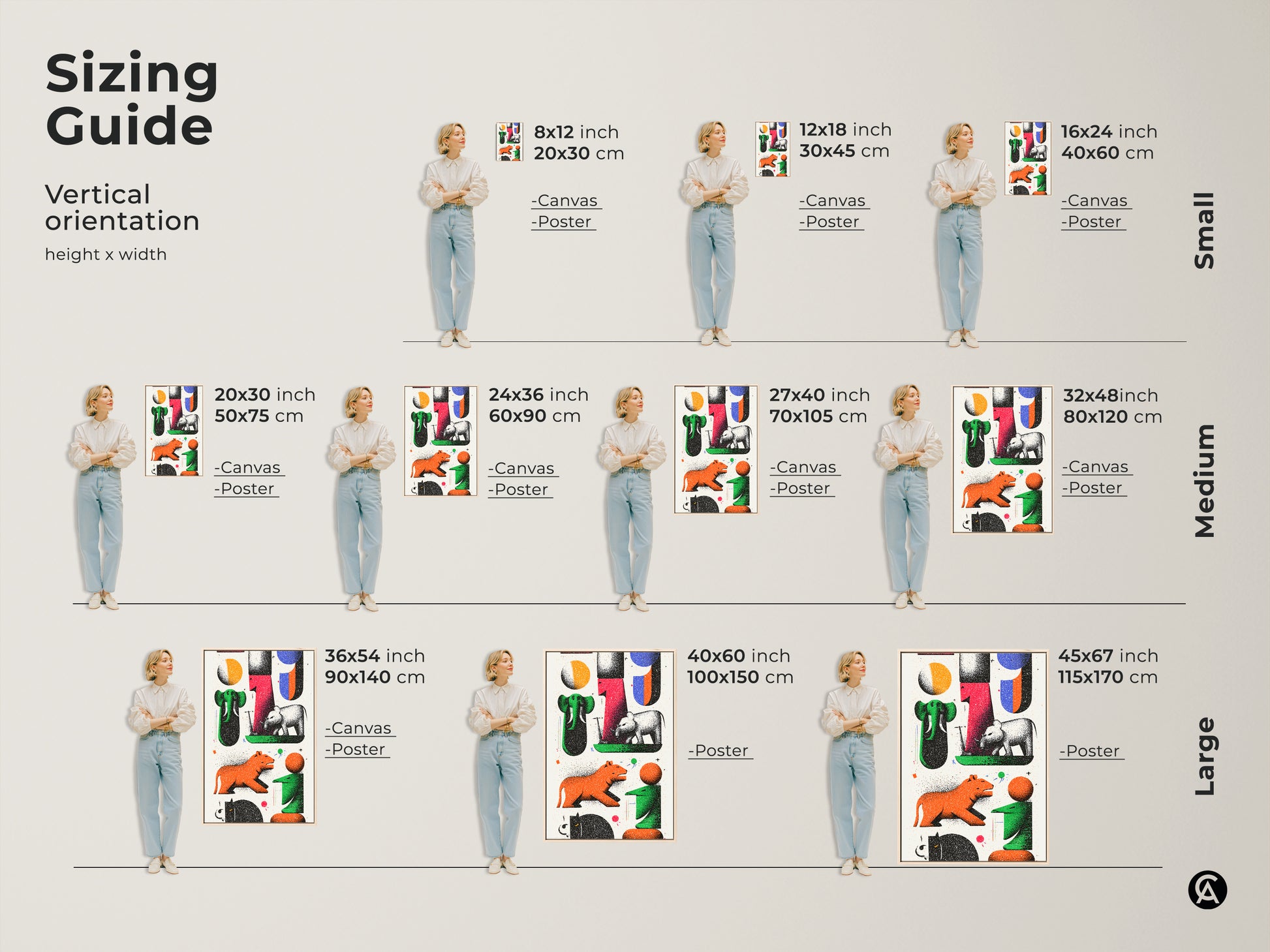 See the sizing guide for modern folk art prints. Visualize how abstract animal canvas art fits different spaces. Options range from small to large vertical orientations. This retro print features elephants and tigers in green red and orange. Find the perfect size for your entry hall or living room wall. Enhance your home with unique and colorful animal artwork.