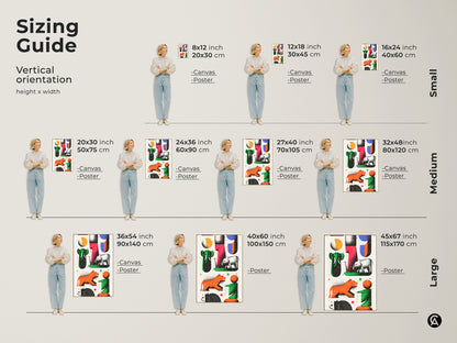 See the sizing guide for modern folk art prints. Visualize how abstract animal canvas art fits different spaces. Options range from small to large vertical orientations. This retro print features elephants and tigers in green red and orange. Find the perfect size for your entry hall or living room wall. Enhance your home with unique and colorful animal artwork.