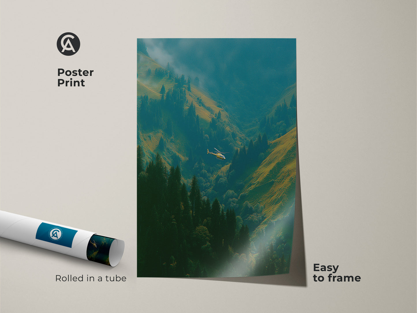 Poster print of a helicopter flying through a beautiful mountain valley. The poster print is easy to frame. This museum-quality paper print will look great in your home. Rolled and shipped in a protective tube.