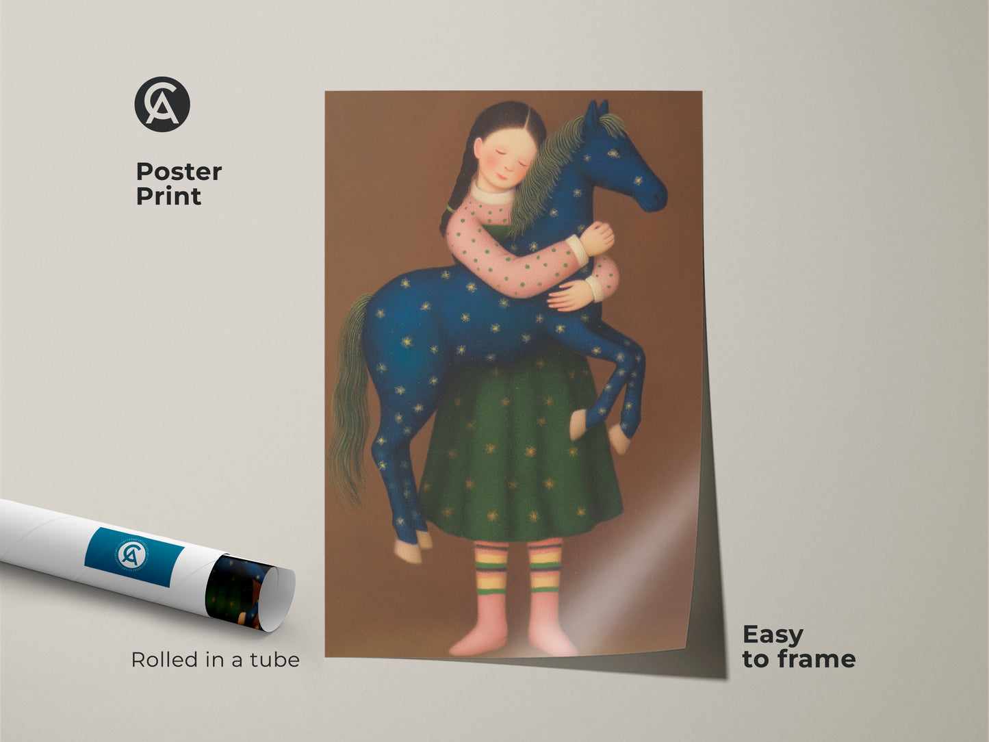 A girl shares a special moment with her horse in this folk art style illustration. The blue gold green palette enhances this boho nursery wall decor. Add a magical horse artwork to your playroom art fantasy collection.