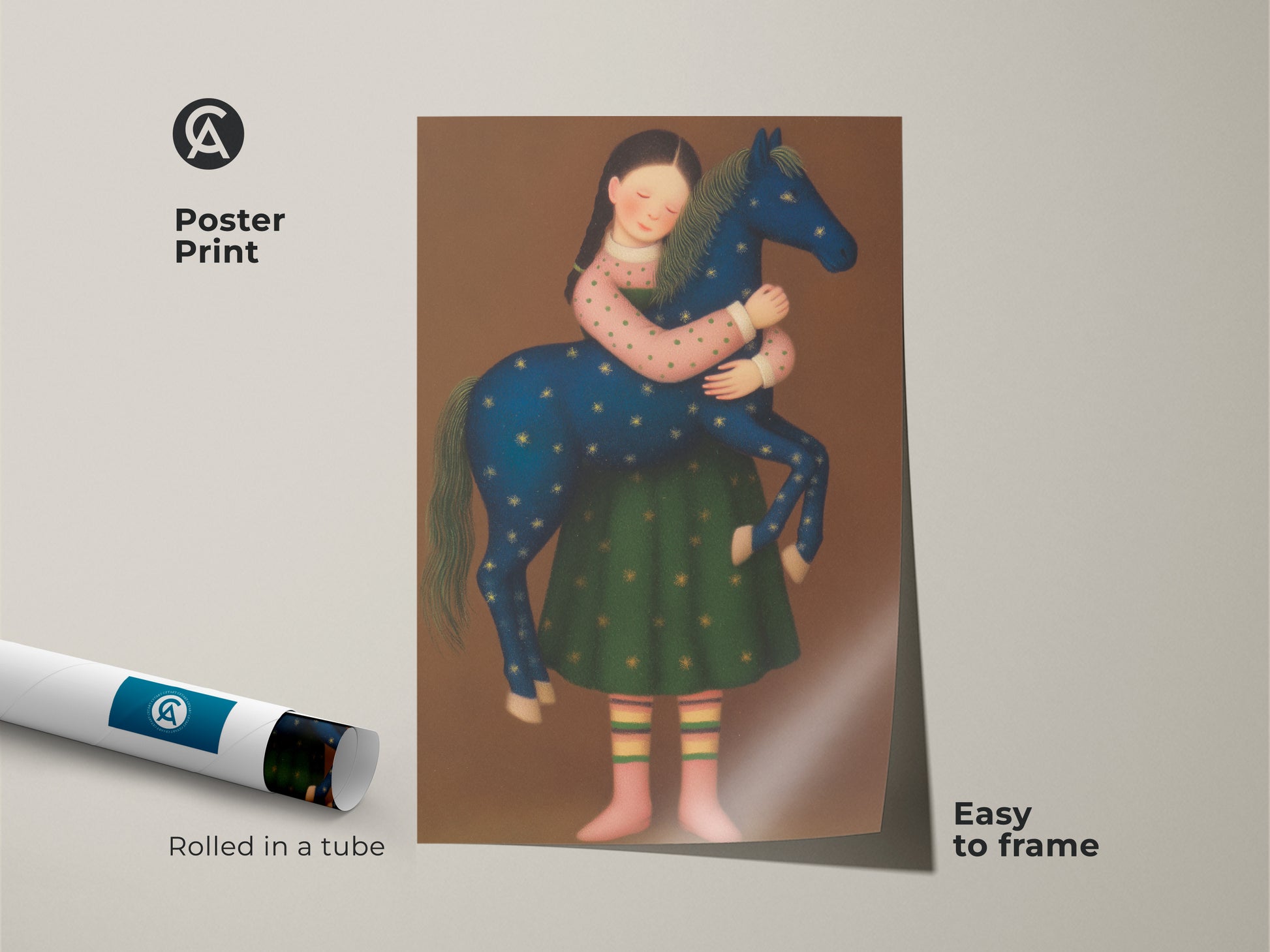 A girl shares a special moment with her horse in this folk art style illustration. The blue gold green palette enhances this boho nursery wall decor. Add a magical horse artwork to your playroom art fantasy collection.