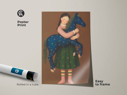 A girl shares a special moment with her horse in this folk art style illustration. The blue gold green palette enhances this boho nursery wall decor. Add a magical horse artwork to your playroom art fantasy collection.