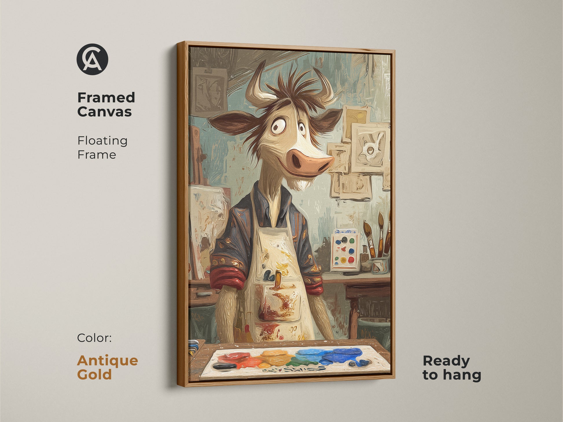 Framed canvas of a cartoon cow artist in an antique gold floating frame. This expressive animal wall art is perfect for a studio or office. It is ready to hang. The funny animal art features a cow painter with a palette. Beige and brown tones enhance eclectic home decor. A unique gift for art lovers.