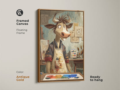 Framed canvas of a cartoon cow artist in an antique gold floating frame. This expressive animal wall art is perfect for a studio or office. It is ready to hang. The funny animal art features a cow painter with a palette. Beige and brown tones enhance eclectic home decor. A unique gift for art lovers.