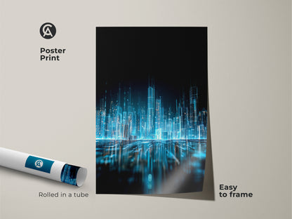 Poster print featuring a futuristic city. The art features glowing blue lights. This museum-quality paper print is easy to frame. The art is rolled in a tube for protection. This artwork will look great in your home.