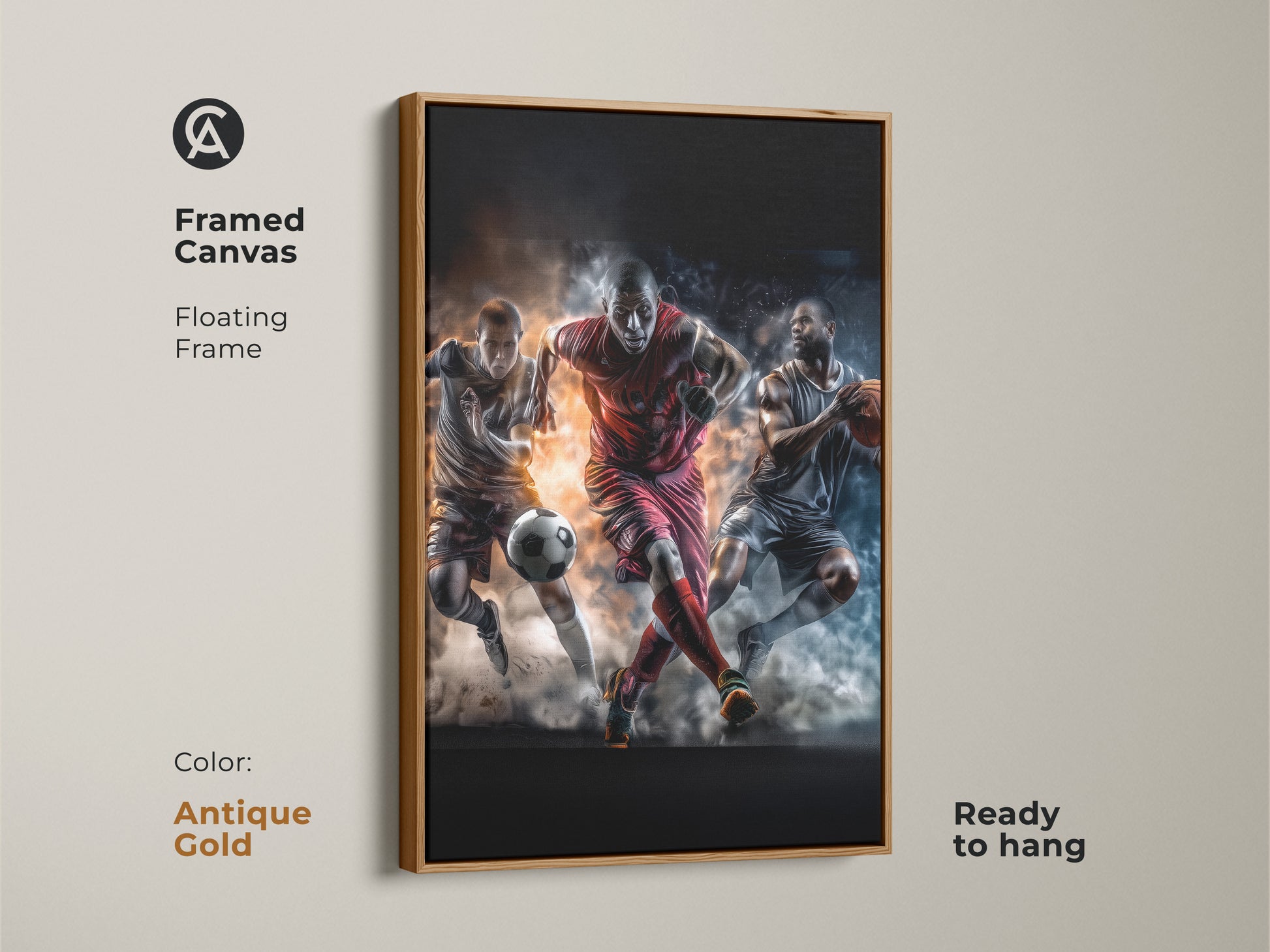 Antique gold framed canvas featuring soccer football and basketball players. The antique gold frame adds a touch of elegance. Ready to hang and elevate your space with sports art.