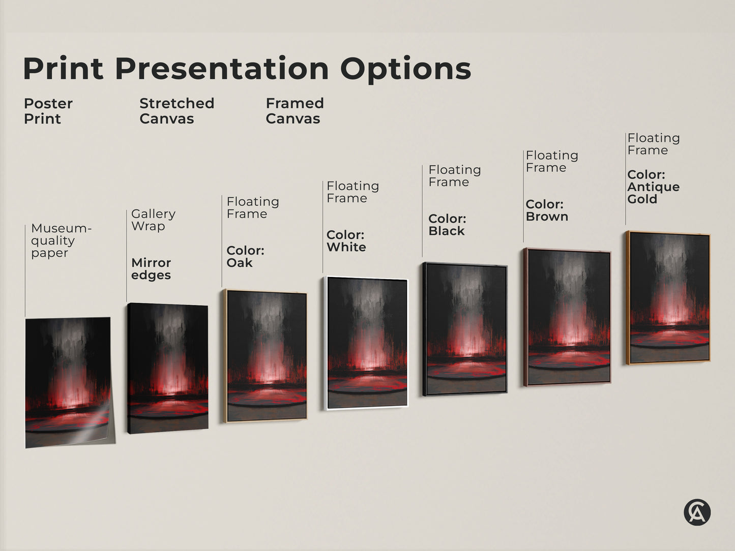 Explore print presentation options for dark grey and crimson abstract wall art. This includes poster prints stretched canvas and framed canvas. Multiple floating frame colors such as white black brown and antique gold are available. Find the perfect premium art print to elevate your home decor with contemporary abstract expressionism.