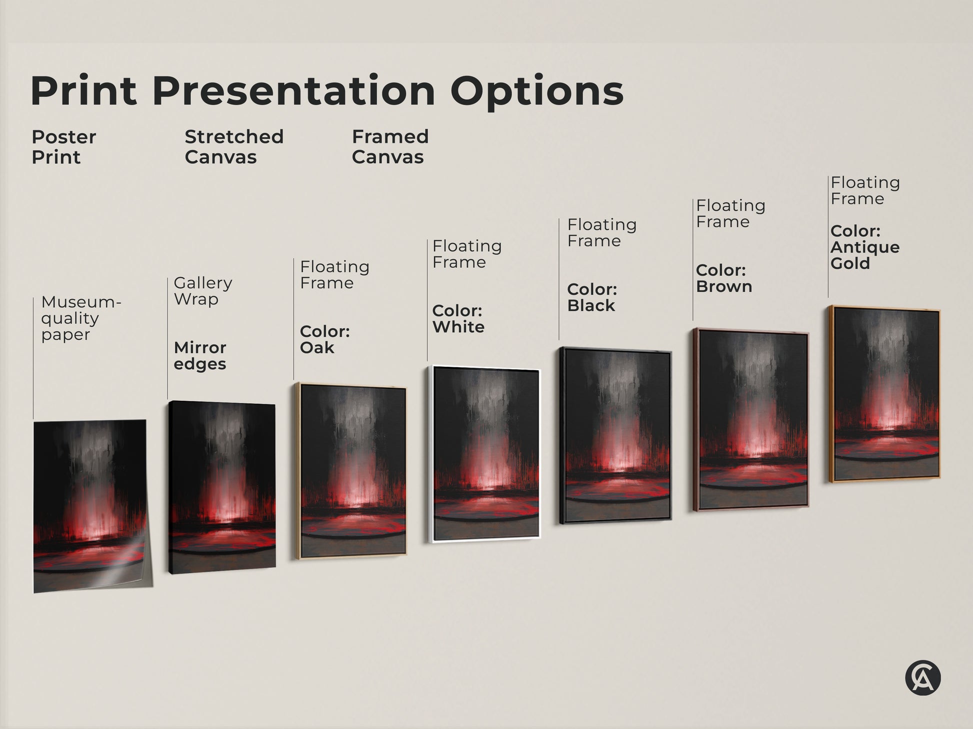 Explore print presentation options for dark grey and crimson abstract wall art. This includes poster prints stretched canvas and framed canvas. Multiple floating frame colors such as white black brown and antique gold are available. Find the perfect premium art print to elevate your home decor with contemporary abstract expressionism.