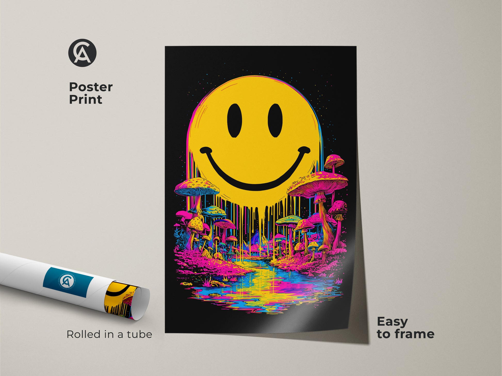 Poster print of smiley face artwork rolled in a tube. This museum-quality paper print features a neon smiley face above a fantasy scene with colorful mushrooms and a river. This art is easy to frame and adds a vibrant touch to any wall. Perfect for art lovers