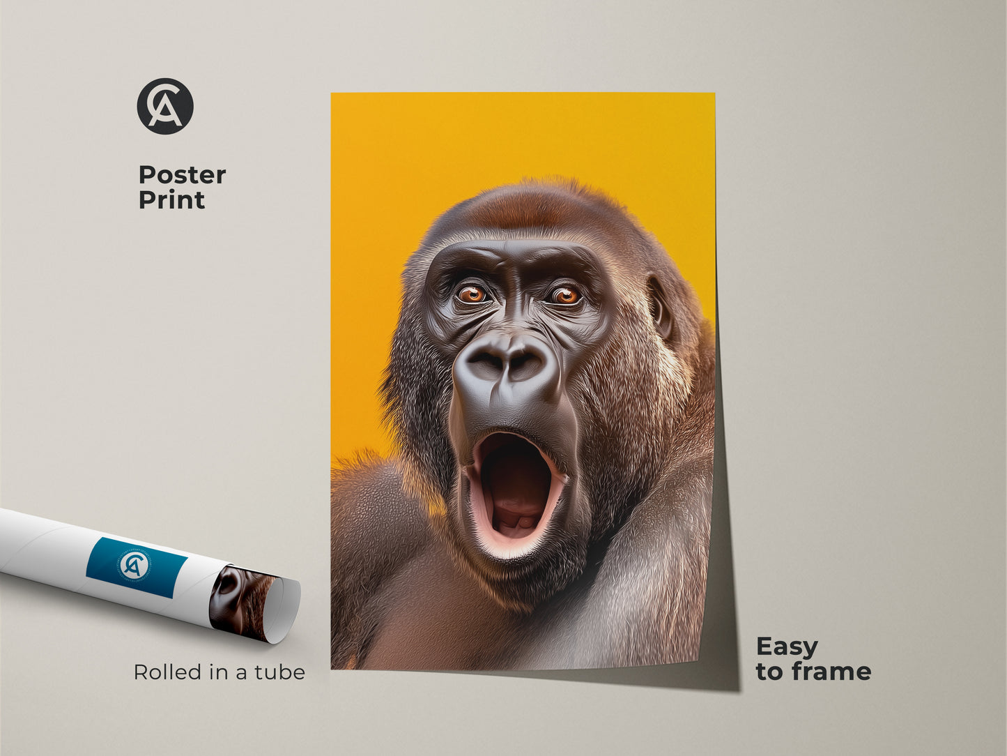 Poster print of a realistic gorilla face artwork. This primate art is rolled in a tube. This yellow orange canvas is easy to frame. It is an animal portrait art piece.