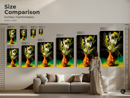 Size comparison of botanical artwork in inches and centimeters. The still life print complements any decor. Shown above a couch to illustrate scale. Art for food lovers and eclectic kitchen decor.