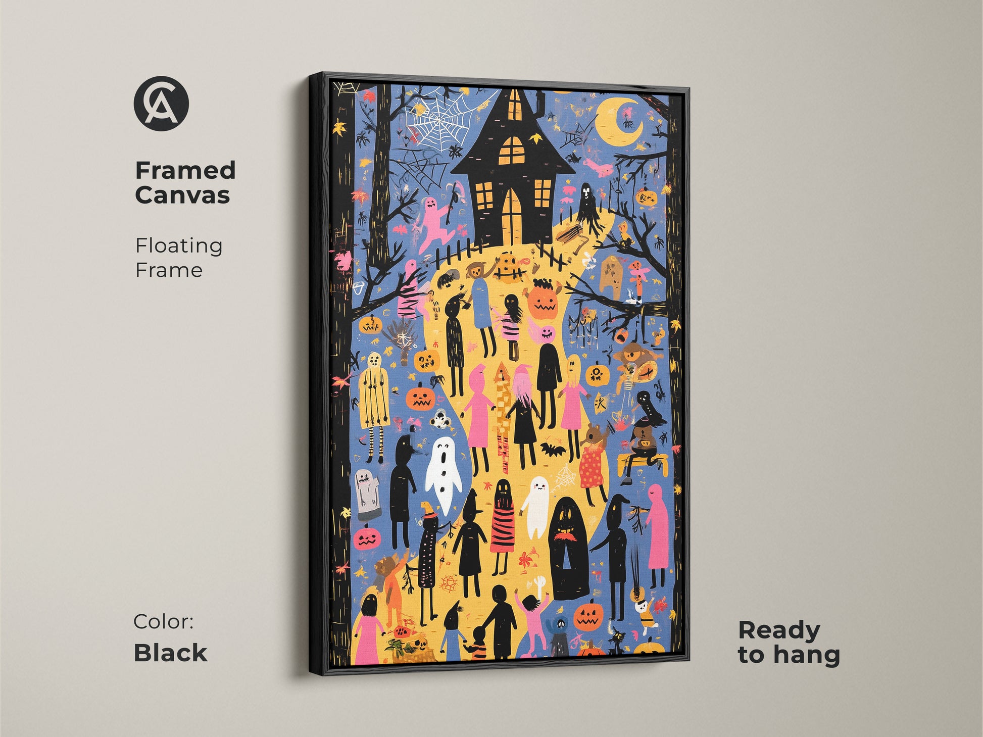 Framed Halloween Wall Art. This canvas features ghosts pumpkins and a haunted house with a floating black frame. See the vibrant orange blue and yellow colors bringing spooky charm. The perfect kids room art print for Halloween. This art print is ready to hang and enjoy this festive season.