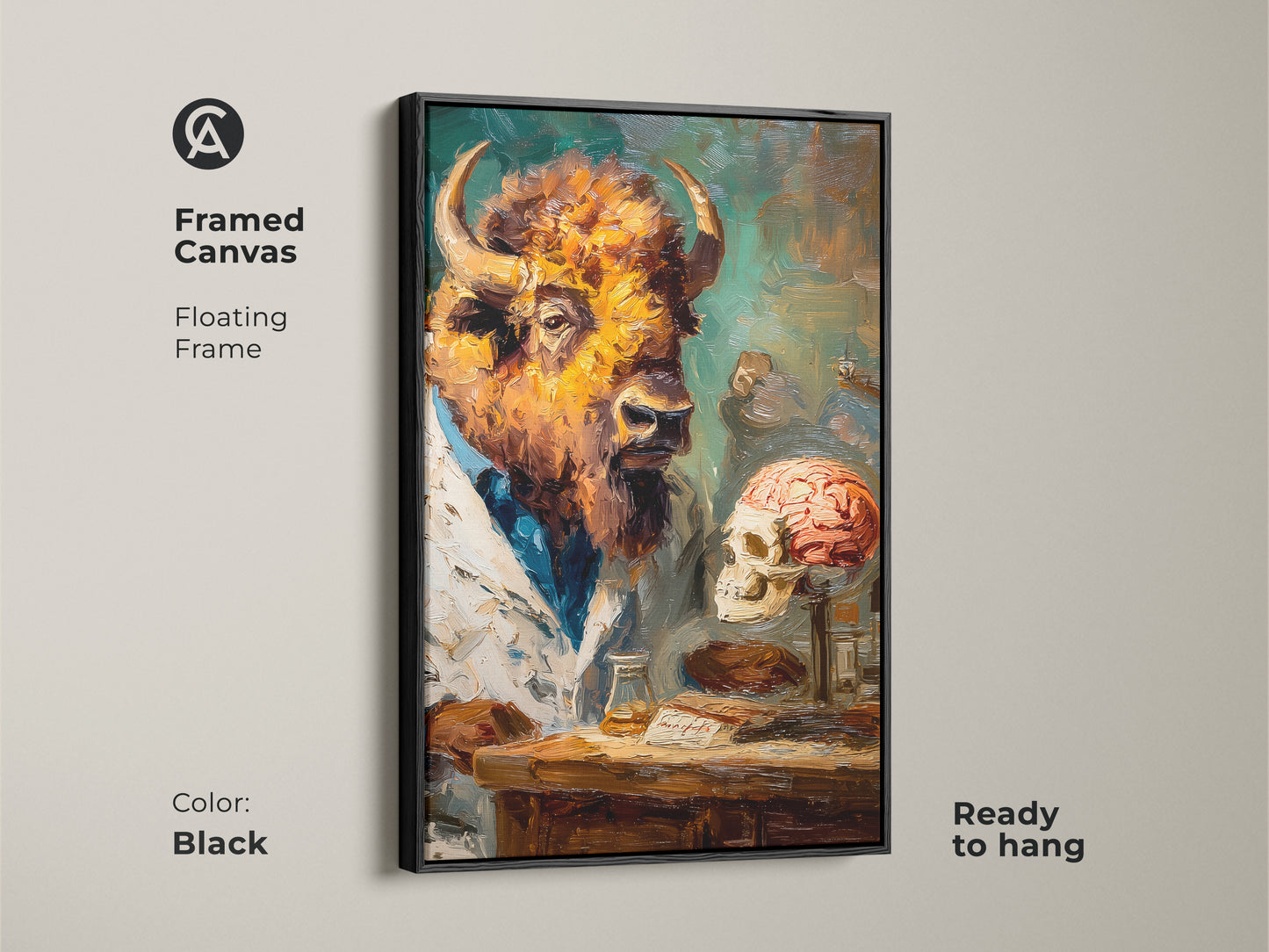 A captivating artwork shows a bison head scientist wearing a lab coat. The animal is placed next to a human skull with a brain. It is an oil painting style framed canvas in Black. The artwork has a floating frame and is ready to hang.