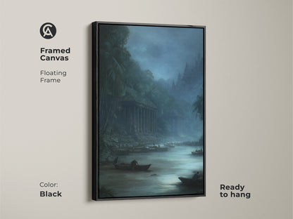 Framed Canvas of a misty grey and deep blue traditional river scene. The historical painting style landscape artwork has a black floating frame. Ready to hang this classic art elevates your entry hall wall decor.