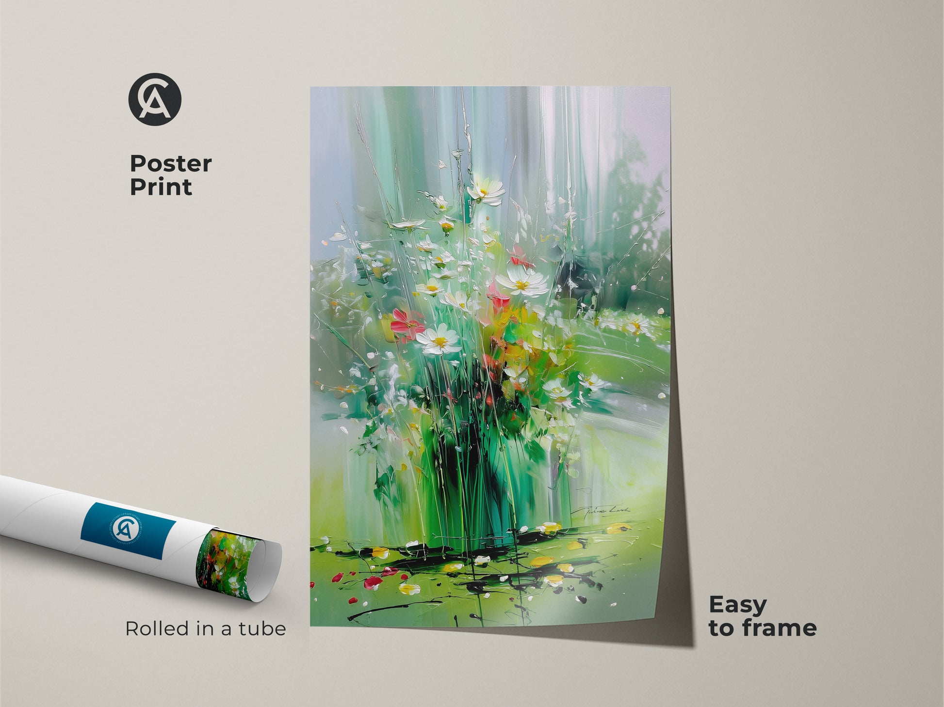 Impressionistic floral canvas print for a boho-chic aesthetic. Emerald green and light blue accents enhance the nature-inspired artwork. Easy to frame print rolled in a tube. Bring a touch of the outdoors in with this botanical wall decor.