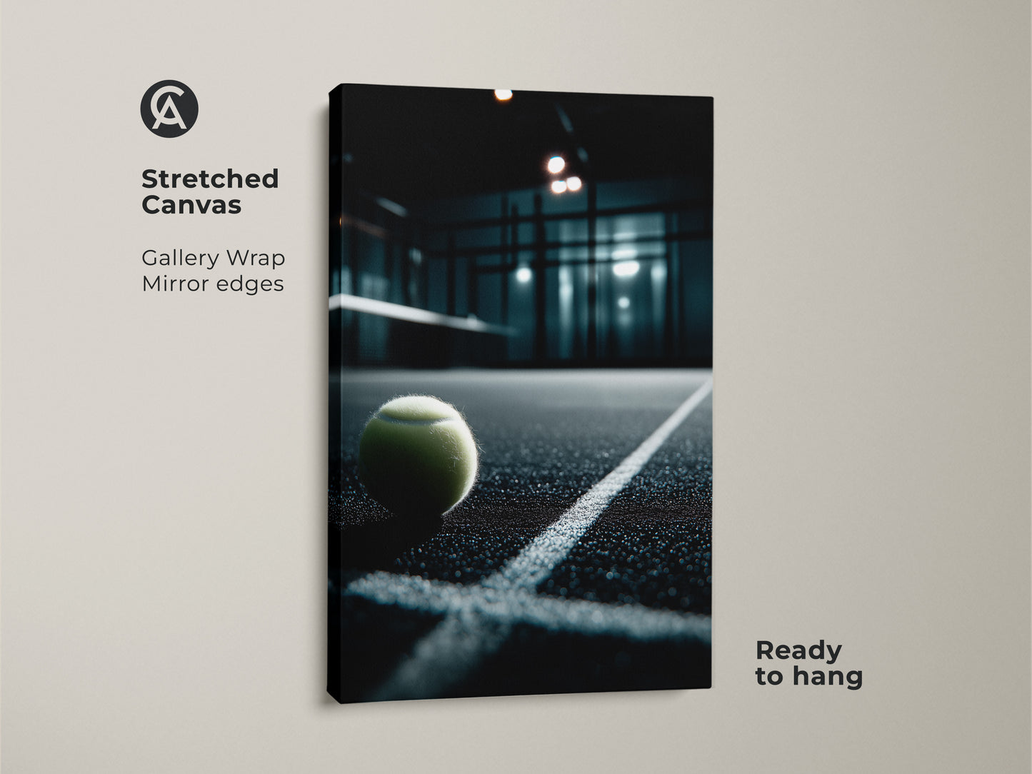A stretched canvas print of a padel tennis ball on the court is showcased. The gallery wrap features mirrored edges. This ready to hang artwork adds a sporty touch to any room. Ideal for decorating a game room or office space.