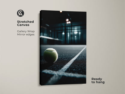 A stretched canvas print of a padel tennis ball on the court is showcased. The gallery wrap features mirrored edges. This ready to hang artwork adds a sporty touch to any room. Ideal for decorating a game room or office space.