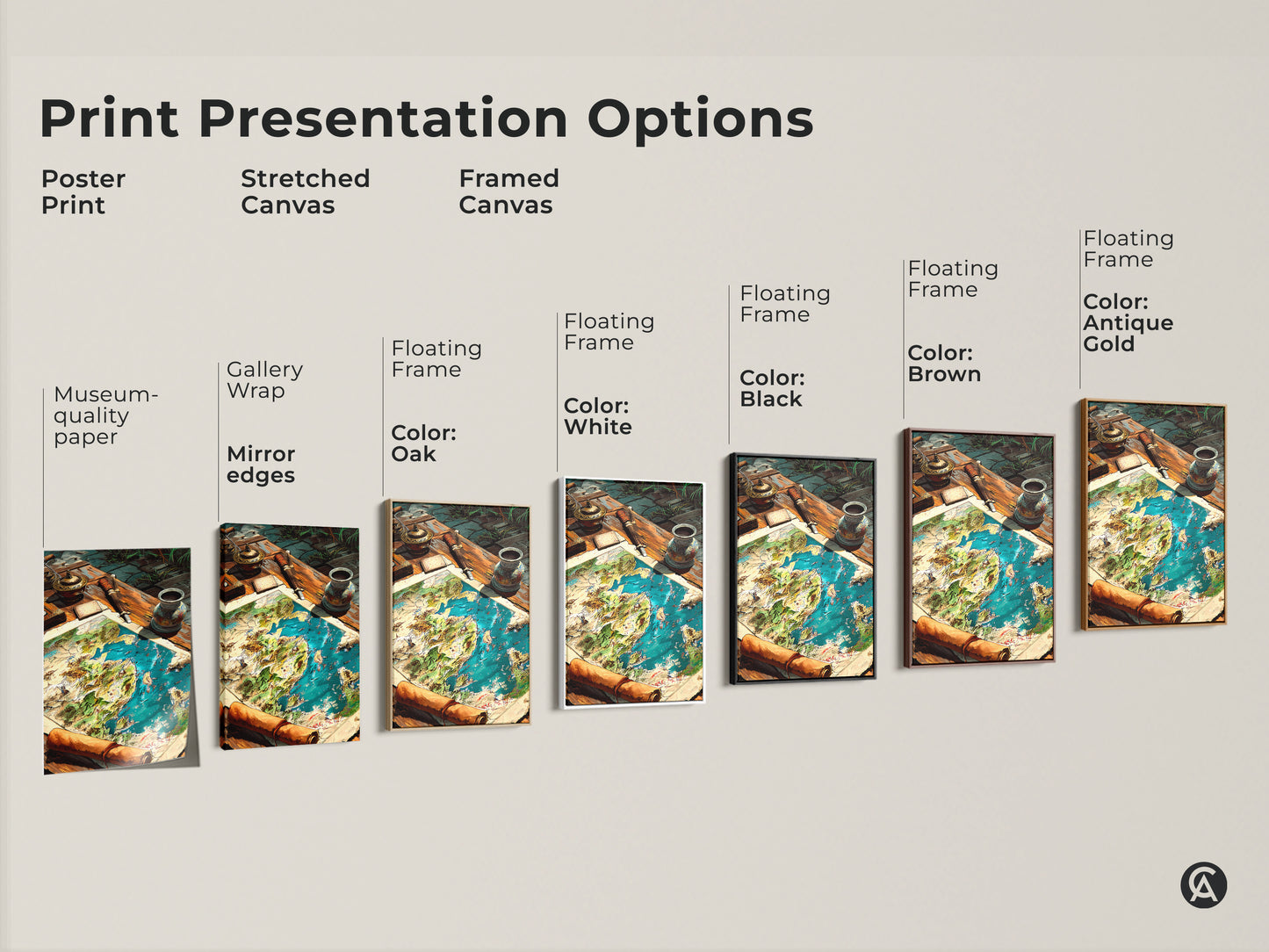 Print presentation options for fantasy world map artwork. Choose from poster prints stretched canvas or framed canvas. Customize with various floating frame colors. Find the perfect piece for your home.