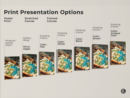 Print presentation options for fantasy world map artwork. Choose from poster prints stretched canvas or framed canvas. Customize with various floating frame colors. Find the perfect piece for your home.