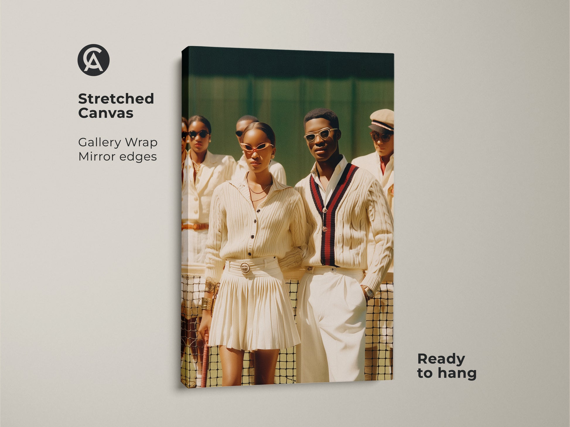 A stretched canvas featuring a group in tennis attire. The artwork has gallery wrapped mirror edges ready to hang. A stylish couple stands out in sunglasses and preppy sweaters. It has a sophisticated sporty vibe.