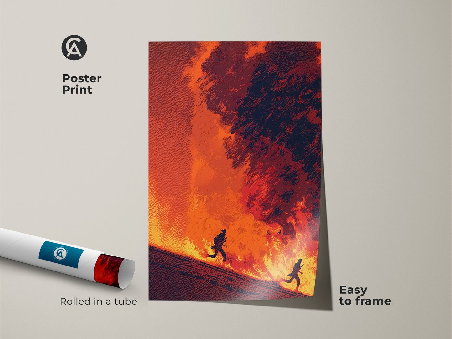 Poster Print version of the abstract figurative artwork. The artwork features running figures amidst flames. The poster is easy to frame. Rolled in a tube for protection during shipping.
