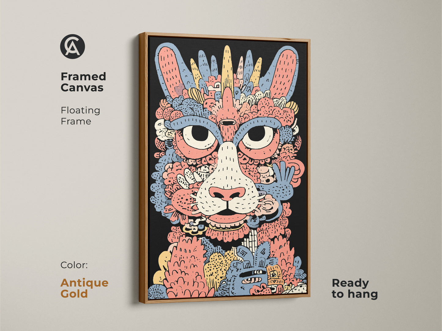 Framed canvas of a doodle cat art print. This eclectic animal poster features an antique gold floating frame. Its vibrant coral yellow and blue colors stand out. Ready to hang this abstract monster wall art is a unique decor piece.