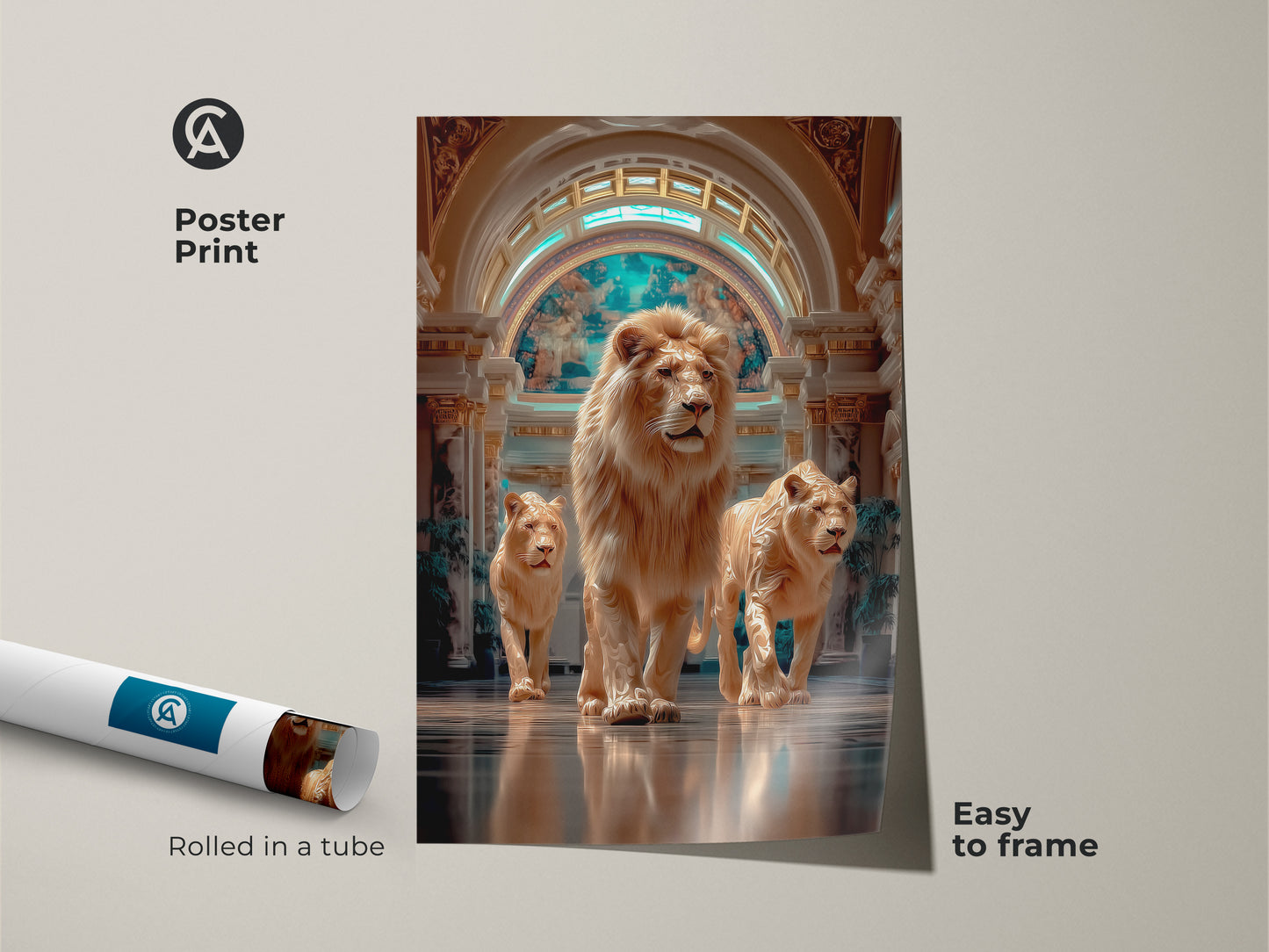 This poster print features a photorealistic lion family artwork. It's easy to frame and arrives rolled in a tube. The wall artwork displays wild elegance with beige turquoise and gold. It makes a versatile piece for eclectic homes. Ideal as a housewarming gift or for lion art enthusiasts.