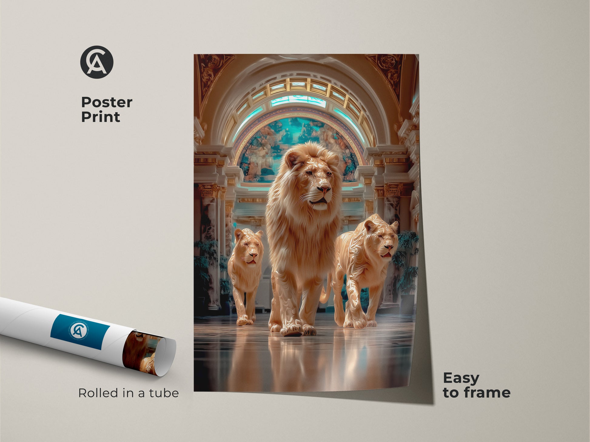 This poster print features a photorealistic lion family artwork. It's easy to frame and arrives rolled in a tube. The wall artwork displays wild elegance with beige turquoise and gold. It makes a versatile piece for eclectic homes. Ideal as a housewarming gift or for lion art enthusiasts.
