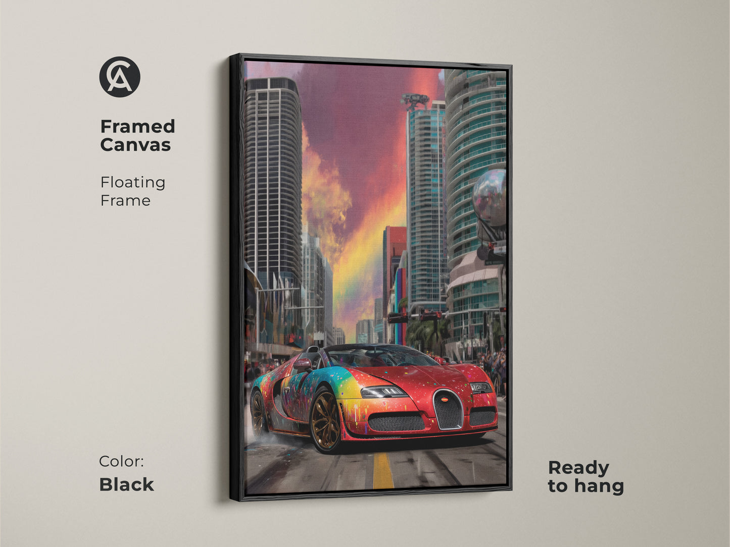 A framed canvas art featuring a red sports car with abstract graffiti. The floating frame adds a touch of elegance. The artwork combines urban elements with automotive enthusiasm. Ready to hang. Black color. This is a modern addition to your art collection. It is perfect for garages or offices. Gift this unique piece to a car lover. The colorful rainbow splatter adds a contemporary edge.