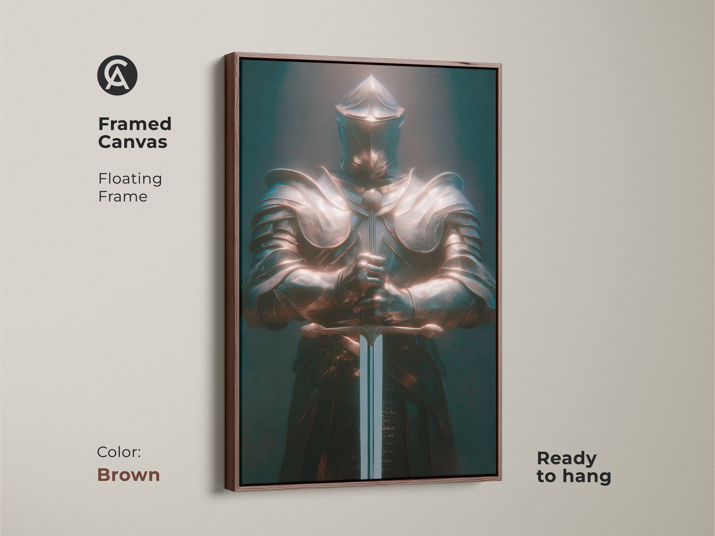 Framed canvas of a medieval knight in full armor. The floating frame is brown. This bronze teal knight art is ready to hang. It is a gothic warrior wall art piece. Ideal for dark fantasy decor and a unique touch to any space. A perfect gift for fantasy fans.