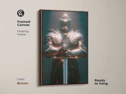 Framed canvas of a medieval knight in full armor. The floating frame is brown. This bronze teal knight art is ready to hang. It is a gothic warrior wall art piece. Ideal for dark fantasy decor and a unique touch to any space. A perfect gift for fantasy fans.