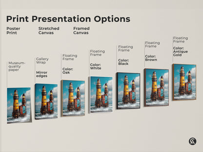Print presentation options for steampunk lighthouse artwork. Choices include poster stretched canvas and framed canvas in various colors. Find the perfect industrial nautical coastal wall art.